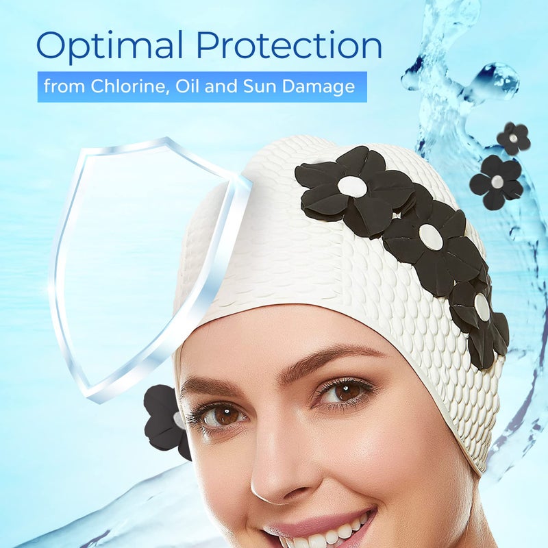 Beemo Latex Swimming Cap for Women, Swim Cap for Long Hair or Short Hair, Bath & Swim Caps to Shield Hair from Damage, Use as Large Shower Cap, White Swimming Cap with Black Flowers - Image 5